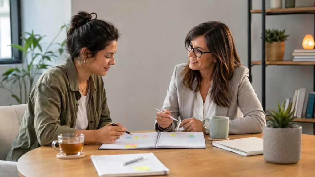adult planning healthy weekly routine with recovery coach