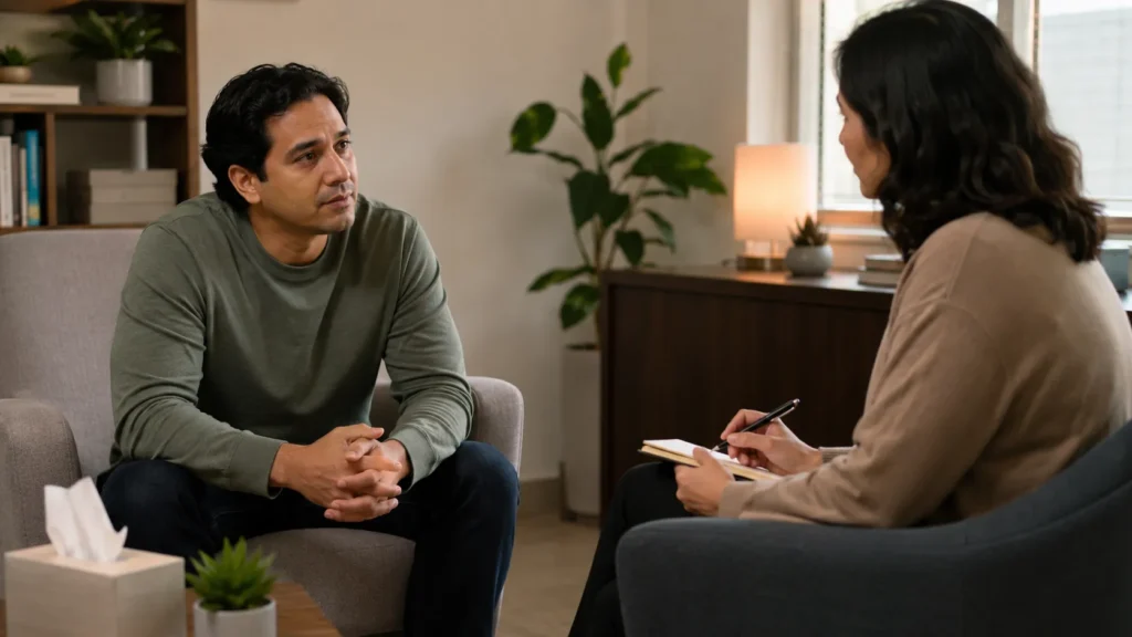 compassionate confidential conversation between adult and counselor in calm office