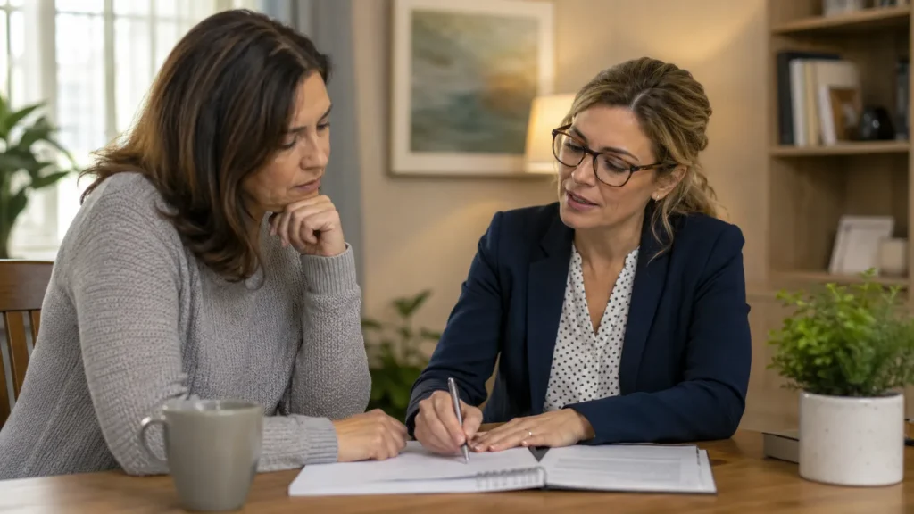 family and counselor reviewing written home and financial support plan