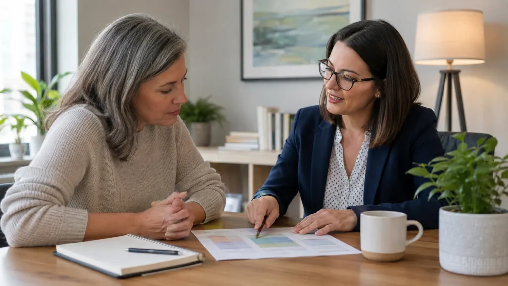 family member and recovery counselor reviewing a practical support plan