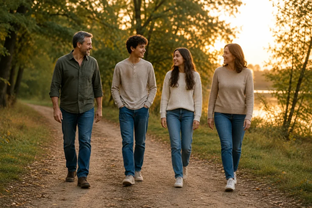 family walking together with connection and respectful personal space