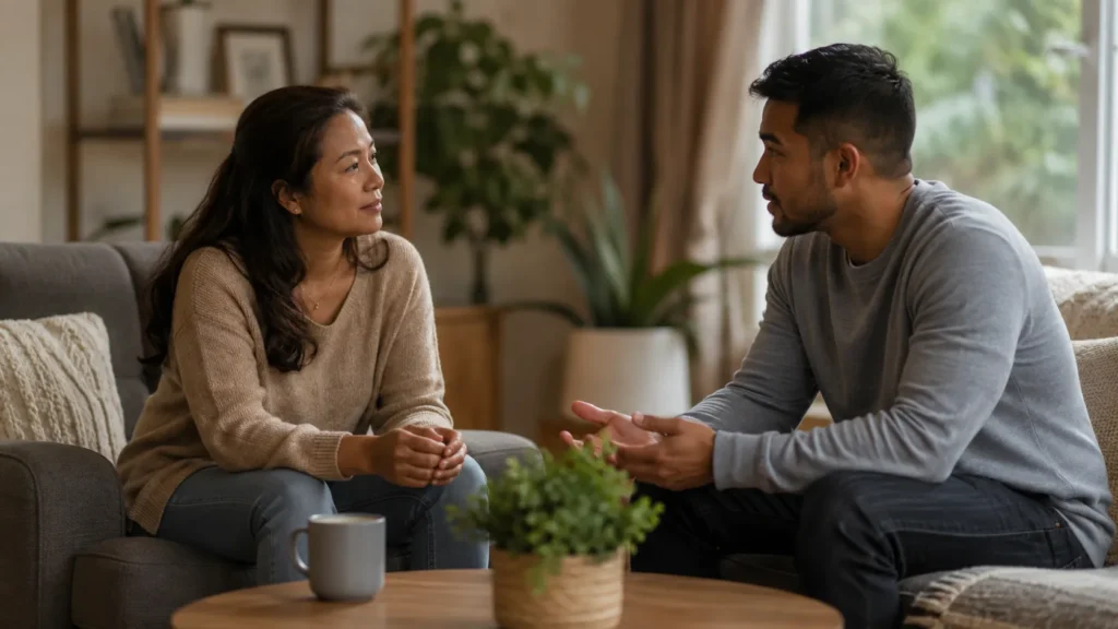 loved one listening supportively during calm conversation at home