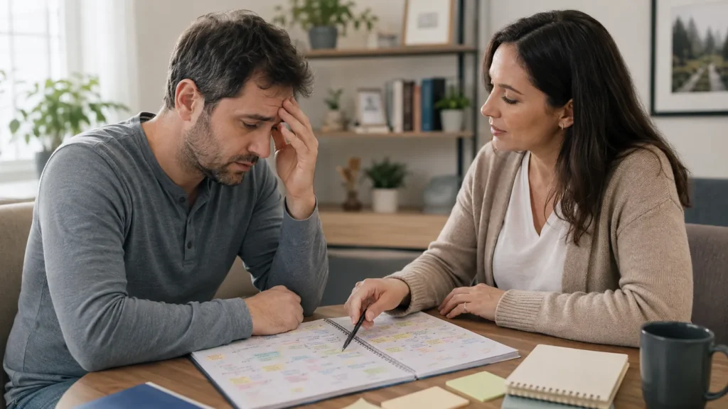 overwhelmed person reviewing crowded calendar with supportive counselor