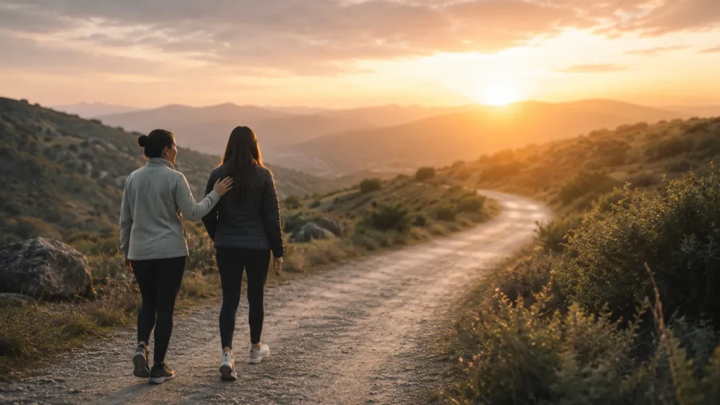 person walking on a winding path toward sunrise with supportive companion