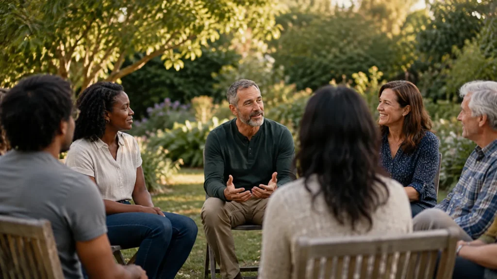 supportive community group outdoors discussing personal growth