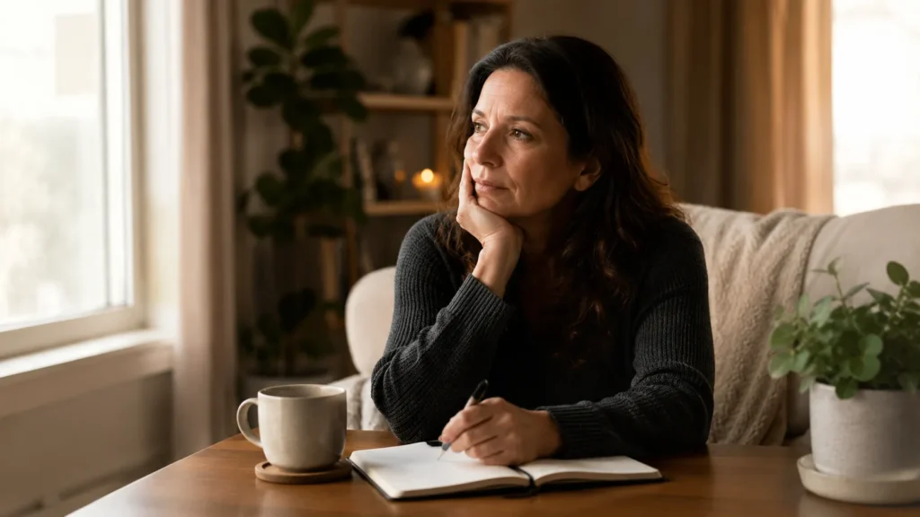 tired family caregiver pausing with journal in quiet room