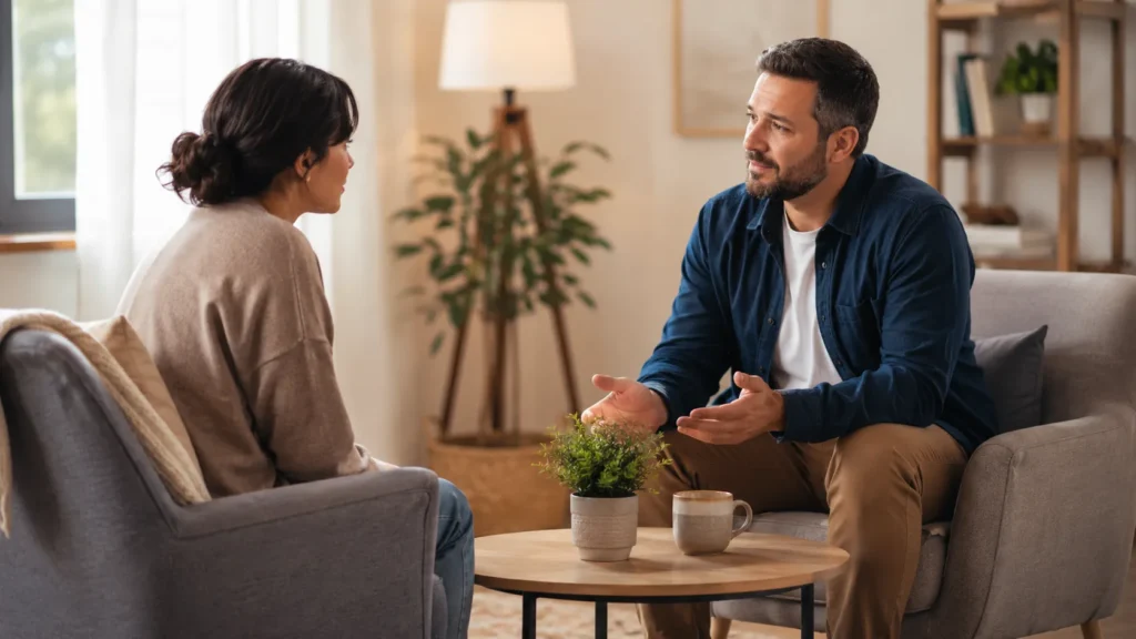 two adults discussing choices with respectful personal space