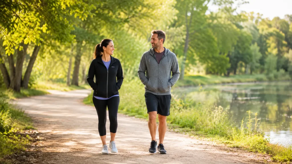 two loved ones walking together with calm respectful space